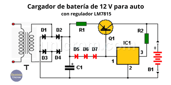 Circuito de cargador de batería de 12 voltios para auto con LM7815