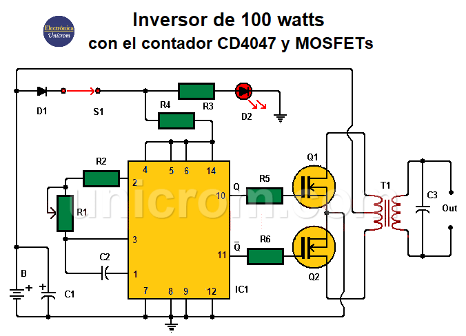 Inversor de 100 watts con CD4047 y MOSFETs