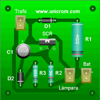 Visualización del circuito: Luz de emergencia con SCR y batería recargable