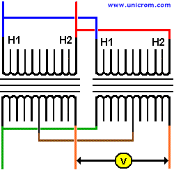 Interconexión definitiva de H1, H2, y Neutro de los dos transformadores. Prueba de la polaridad con un voltímetro - Electrónica Unicrom