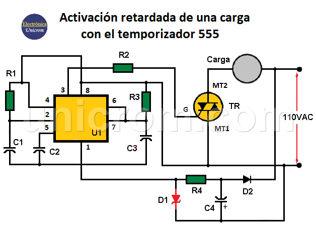 Activación retardada de carga en AC con 555
