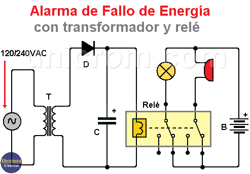 Alarma de fallo de energía con transformador y relé