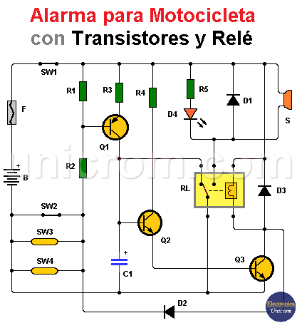 Alarma para motocicleta con transistores y relé