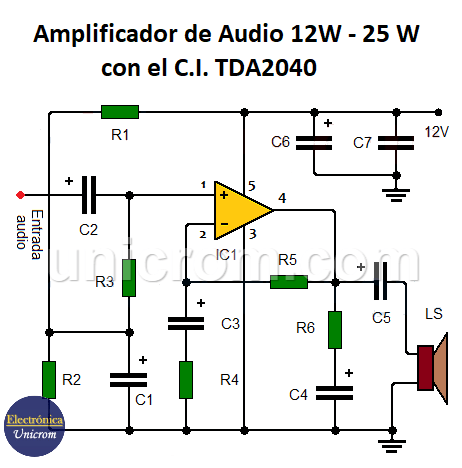 Circuito Amplificador de audio 12W con TDA2040 para automóvil