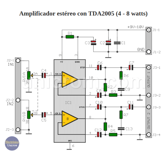 Amplificador estéreo con TDA2005 (4 - 8 watts)