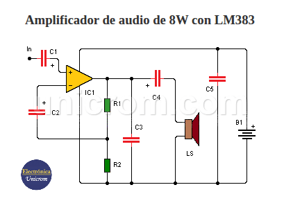 Amplificador de audio de 8W con LM383