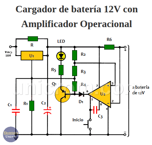 Cargador de batería de 12 V con amplificador operacional