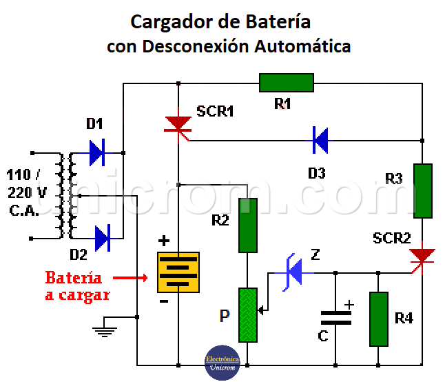 Cargador de batería con desconexión automática con SCR y diodo Zener
