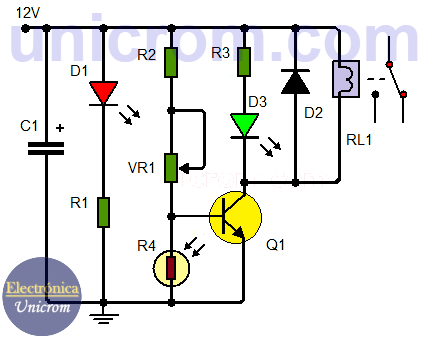 Circuito detector de oscuridad con LDR, transistor y relé