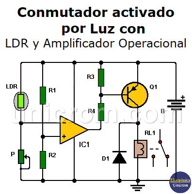 Conmutador activado por luz con LDR y Amp. Op.