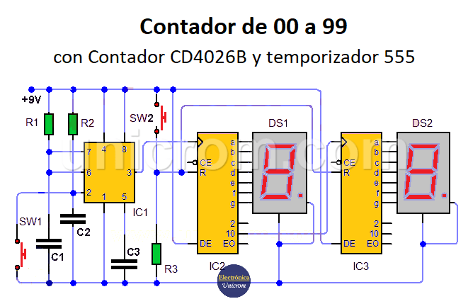 Contador de 00 a 99 con 555 y contador de décadas CD4026B