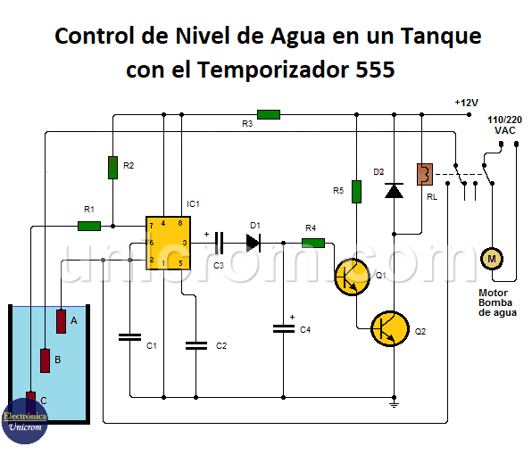 Control de nivel de tanque de agua con 555
