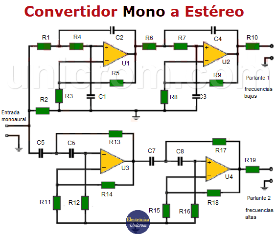 Convertidor audio mono a estéreo con amplificadores operacionales