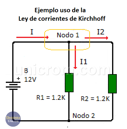 Ejemplo de uso de la primera ley de Kirchhoff