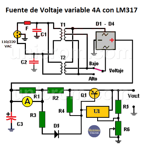 Cómo hacer fuente de voltaje variable 4A con LM317 y transistor