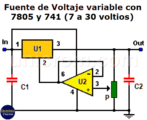 Fuente de voltaje variable con regulador 7805 y Amp. Op. 741 (7 a 30 voltios)