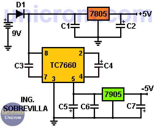 Fuente de voltaje simétrica +5V y -5V para dispositivos portátiles