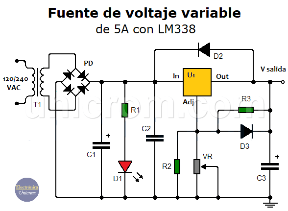 Fuente de voltaje variable de 5A con LM338