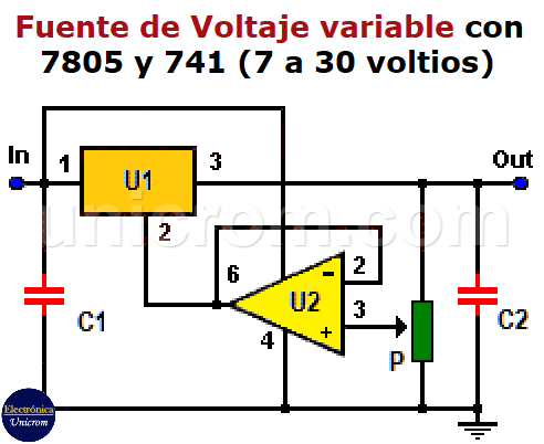Fuente de voltaje variable con regulador 7805 y Amp. Op. 741 (7 a 30 voltios)
