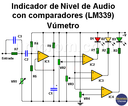 Indicador nivel de audio con LM339 (4 comparadores)
