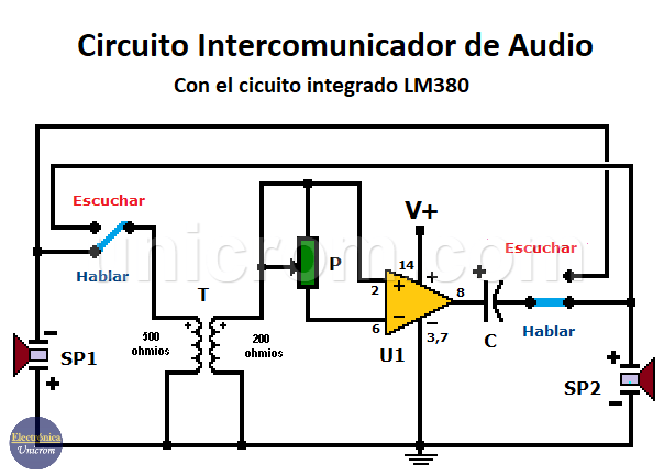 Circuito intercomunicador de audio con amplificador LM380