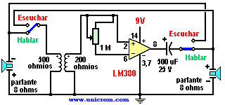 Intercomunicador con amplificador de audio LM380 - Electrónica Unicrom