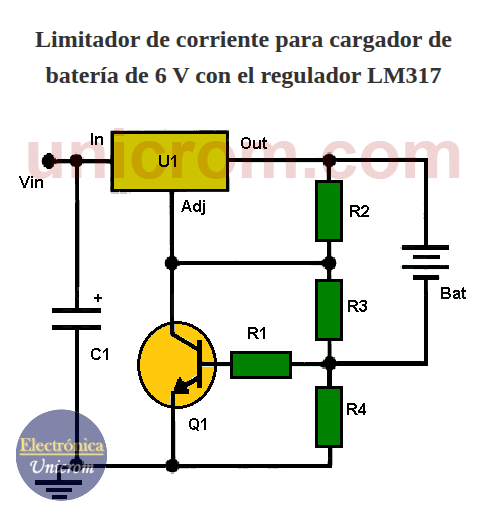 Limitador de corriente para cargador de Batería de 6 V con el regulador LM317