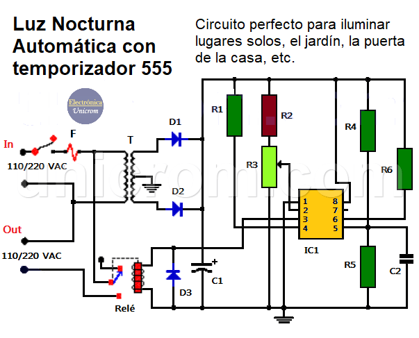 Luz nocturna automática con 555 y relé