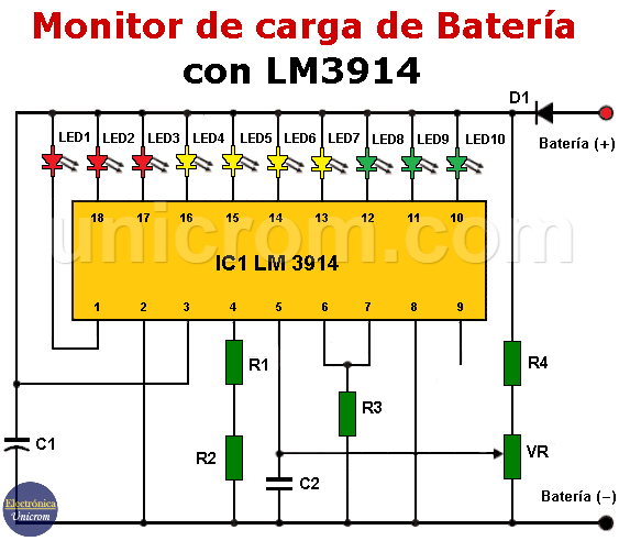 Monitor de carga de batería con LM3914