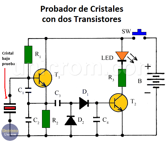 Circuito probador de cristales con 2 transistores