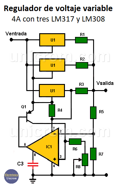 Fuente de voltaje variable 4 amp con tres LM317 y LM308