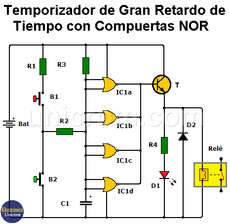 Circuito Temporizador de gran retardo de tiempo con compuertas NOR